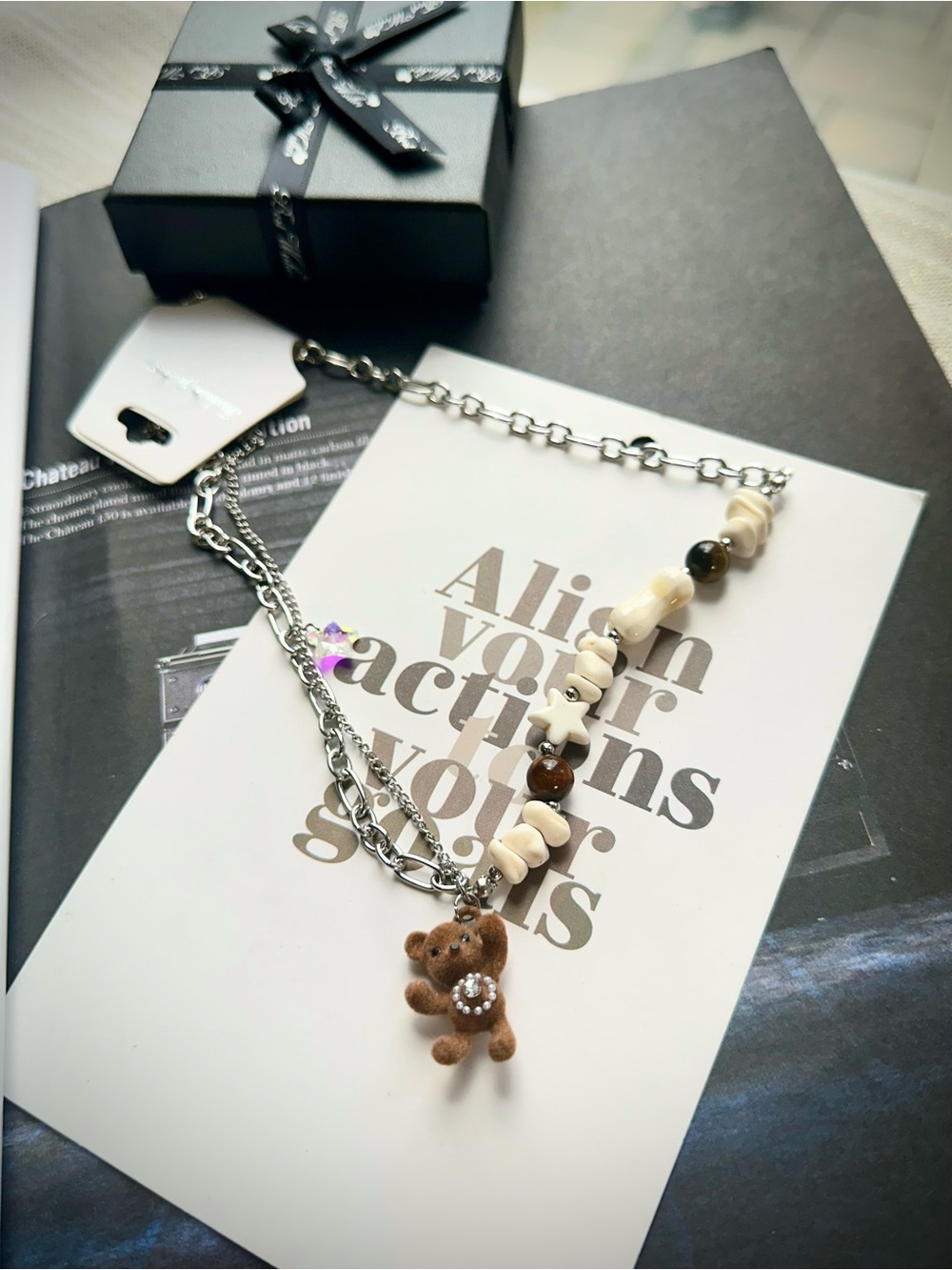 Teddy Charm Layered Beaded Necklace - Brown & Cream